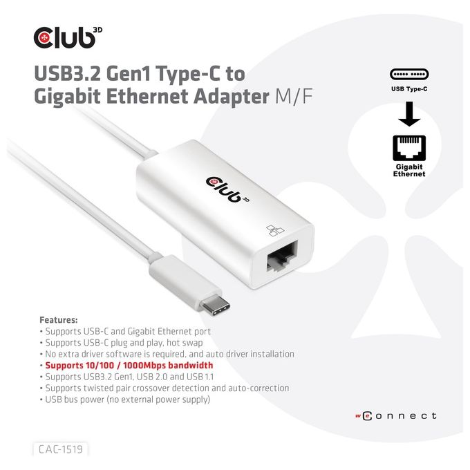 Club3d CAC-1519 Active Adapter Usb Type-C 3.1 Gen 1M a 1Gb Ethernet F