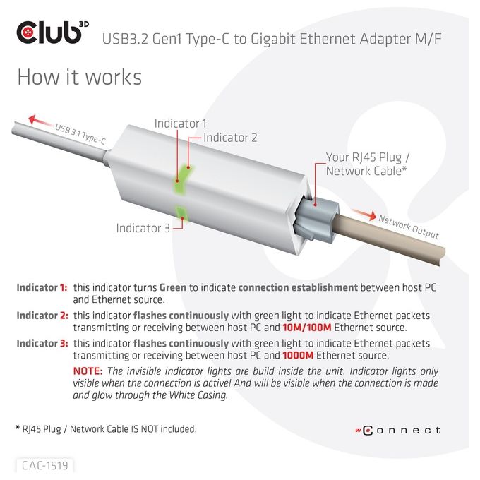 Club3d CAC-1519 Active Adapter Usb Type-C 3.1 Gen 1M a 1Gb Ethernet F