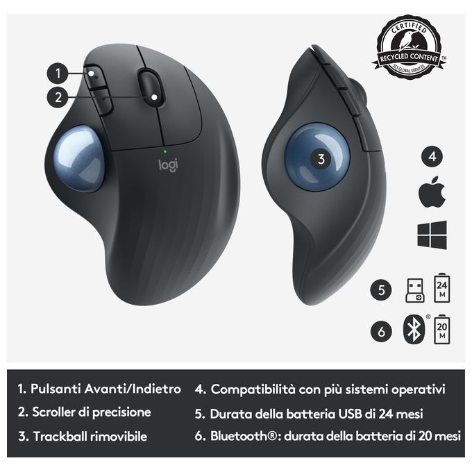 Logitech Ergo M575 Mouse Mano Destra Wireless A Rf + Bluetooth Trackball 2000 Dpi
