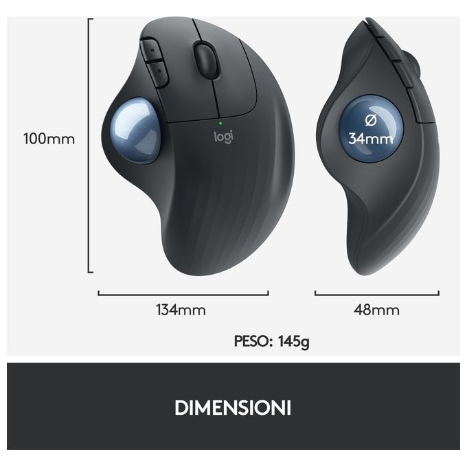 Logitech Ergo M575 Mouse Mano Destra Wireless A Rf + Bluetooth Trackball 2000 Dpi