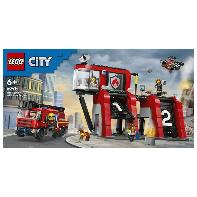 LEGO City 60414 Caserma dei Pompieri e Autopompa con Camion Giocattolo, 6 Minifigure, Cane e Accessori, Gioco per Bambini 6+