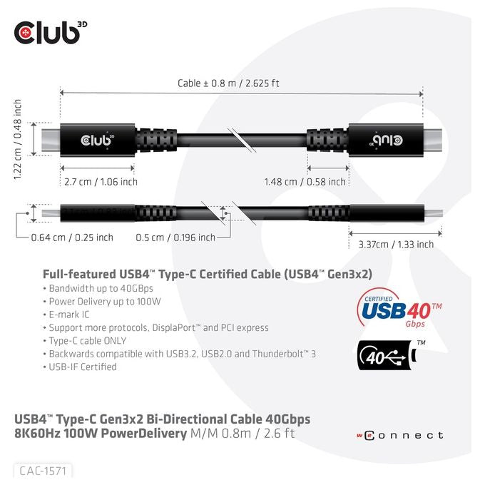 Club3d CAC-1571 Cavo Usb 08mt Usb 4 Gen 3x2 Usb C Nero