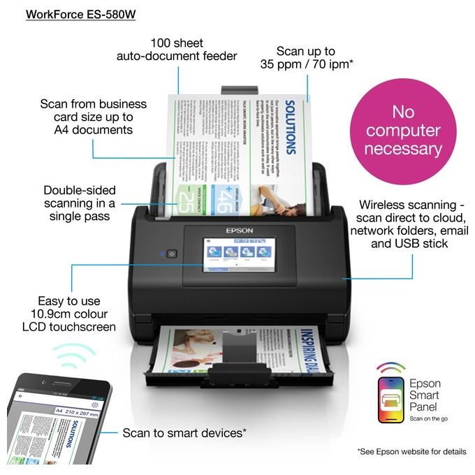 Epson B11B258401 WorkForce ES-580W Scanner A4 Fronte Retro ADF 100 fogli Wi-Fi 35 ppm 600x600 DPI colore Nero