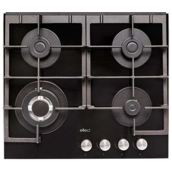 Elleci PKCQ60286WS Linea Quadro Piano Cottura a Gas 60 4 Zone 1 Tripla Corona laterale Griglie Ghisa 60 cm Cristallo temperato Nero