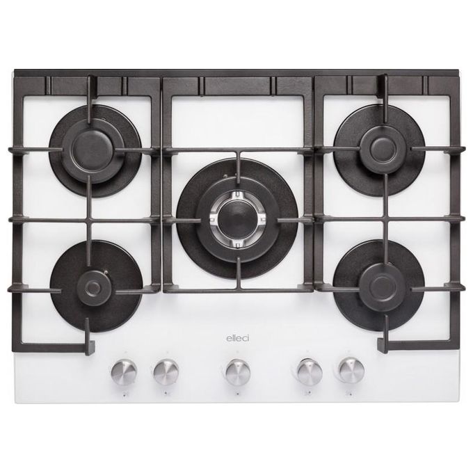 Elleci PKCQ70296CS Linea Quadro Piano Cottura a Gas 5 Zone 1 Tripla Corona centrale Griglie in ghisa 70 cm Bianco Assoluto