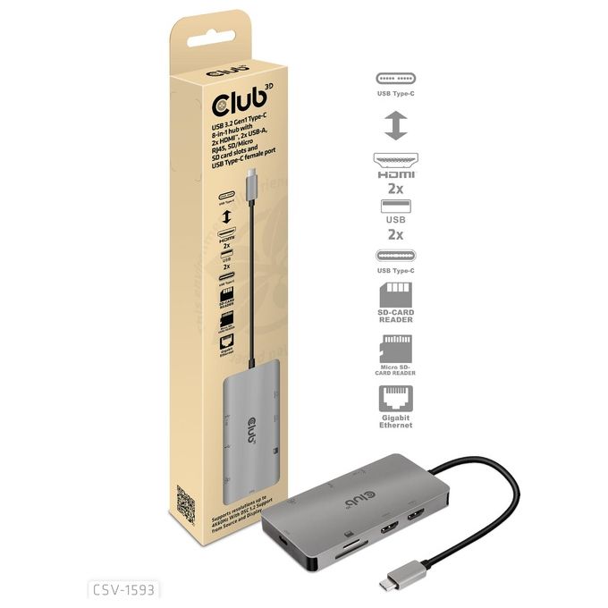 Club3d CSV-1593 Hub di Interfaccia Usb 3.2 Gen 1 Type-C 16200Mbit-s Metallico