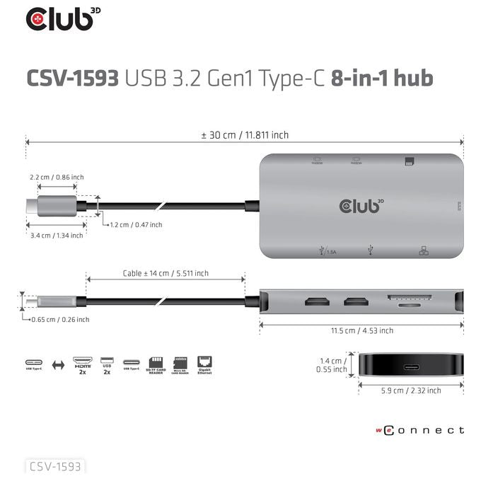 Club3d CSV-1593 Hub di Interfaccia Usb 3.2 Gen 1 Type-C 16200Mbit-s Metallico