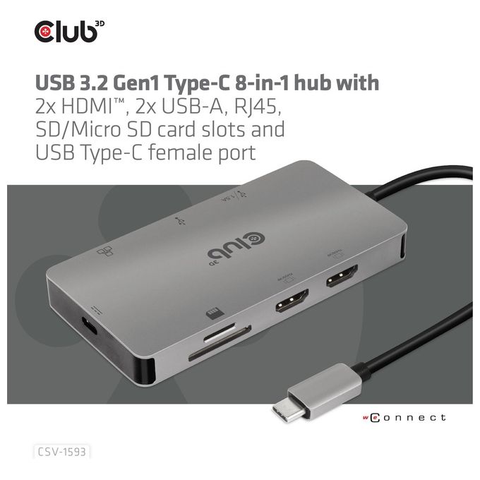 Club3d CSV-1593 Hub di Interfaccia Usb 3.2 Gen 1 Type-C 16200Mbit-s Metallico