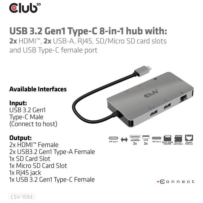 Club3d CSV-1593 Hub di Interfaccia Usb 3.2 Gen 1 Type-C 16200Mbit-s Metallico