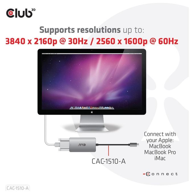 Club3d CAC-1510-A Adattatore Attivo da Usb 3.2 Gen1 Type-C a Dual Link DVI-D HDCP Off Versione S-B per Display Apple Cinema
