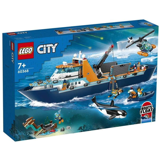 LEGO City 60368 Esploratore Artico, Grande Nave Giocattolo Galleggiante con Elicottero, Gommone, Sottomarino e Relitto Barca