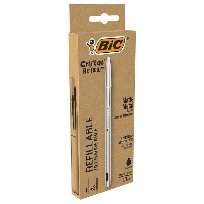 Bic Penna a Sfera Cristal Re New 1mm Nero 1+2 Refill
