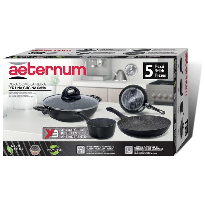 Aeternum Essential Set Batteria di Padelle e Pentole 5 Pezzi Adatto all'Induzione Alluminio Black