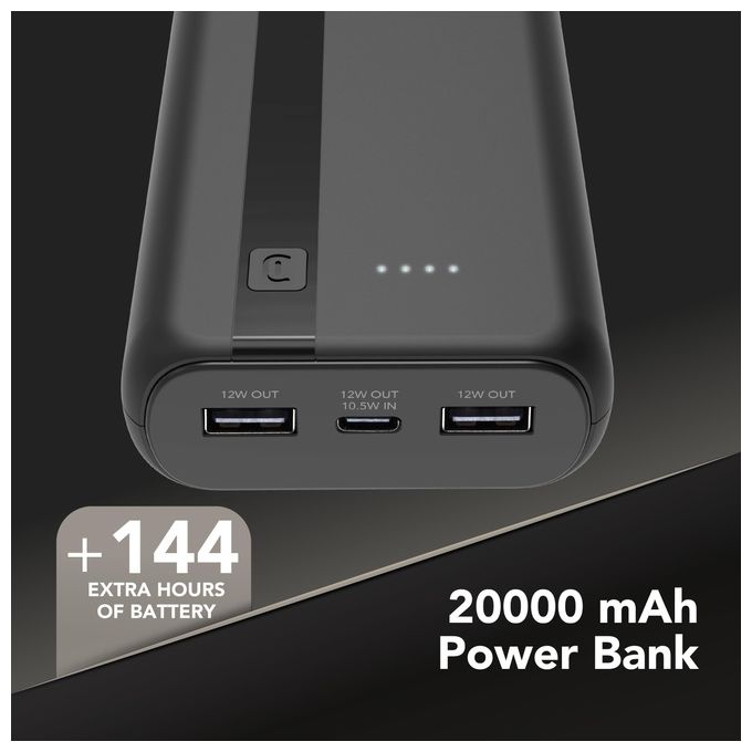 Cellular Line Power Bank 20000 mAh Input USB-C 10.5W Output 2xUSB 12W Li-ion LED luminosi indicano carica residua Nero