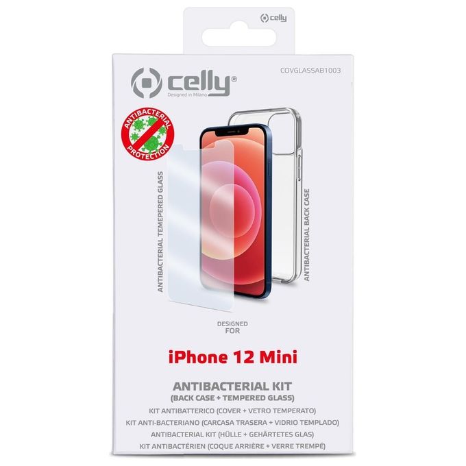 Celly Pack Antibatterico Custodia e Proteggi Schermo per iPhone 12 Mini