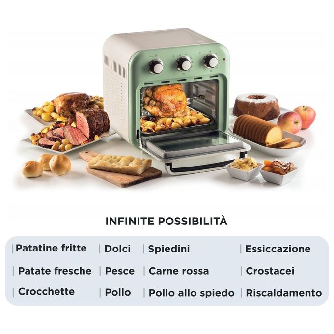 Ariete friggitrice ad aria e forno vintage 4632, 2in1, 16L, 1400W, temperatura 80-230°C, timer 60 min, verde