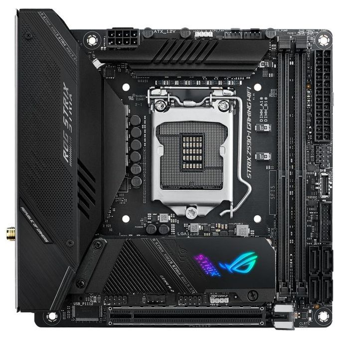 ASUS ROG STRIX Z590-I GAMING WIFI, Scheda madre Gaming Intel Z590 mini ITX, PCIe 4.0, 8+2 fasi, tecnologie AI, WiFi 6E (802.11ax), Intel Lan 2.5 Gb, 2x M.2 slot, USB3.2 Gen2x2, TypeC, Aura Sync RGB