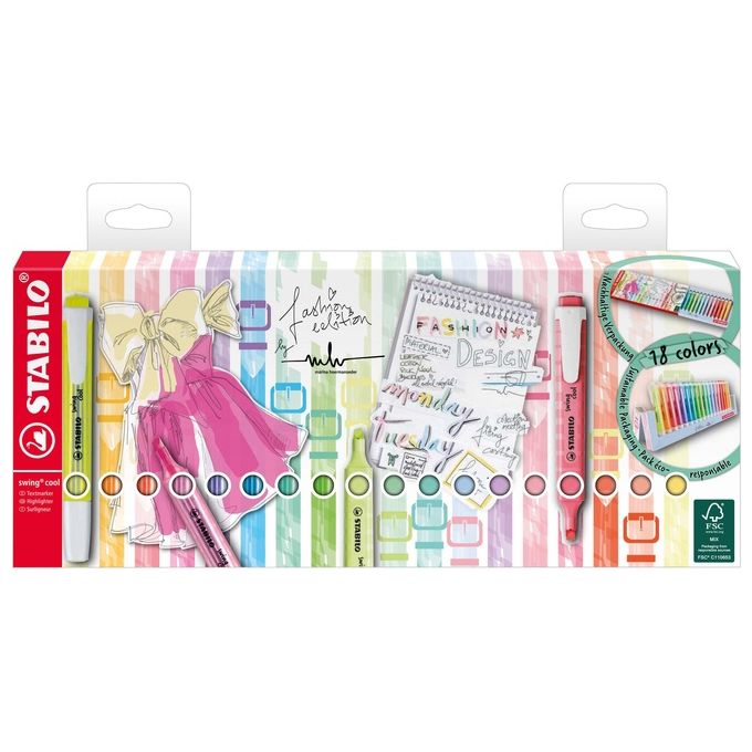 Evidenziatore - STABILO swing cool Desk-Set - 18 Colori Assortiti 8 Neon + 10 Pastel