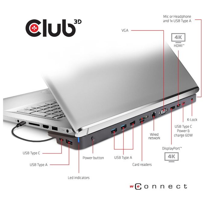 Club3D Usb 3.2 Gen1 C Triple Display Dynamic 100W Pd Charging Dock The 5 X Usb-a Ports Docking Usb 3.2 Gen 1 Type-c Nero