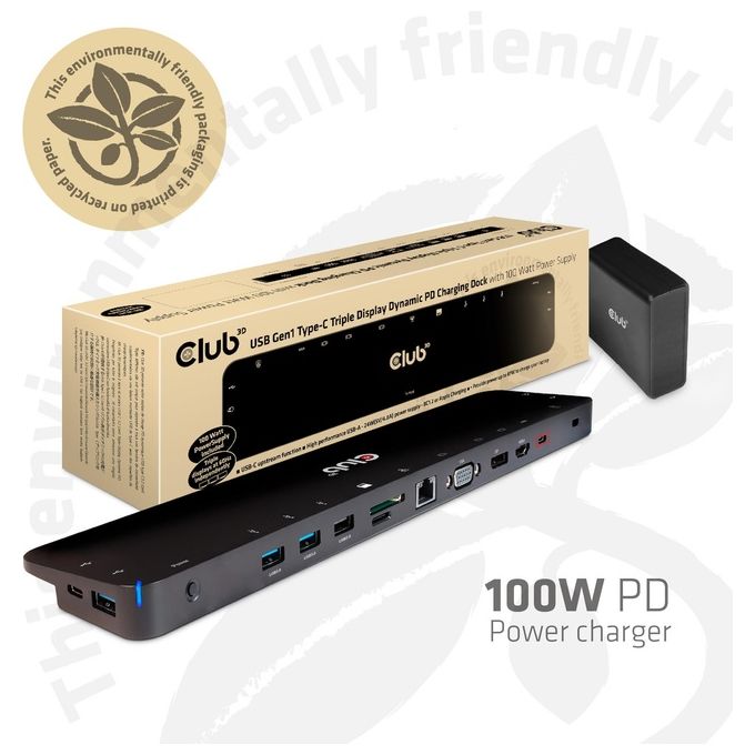 Club3D Usb 3.2 Gen1 C Triple Display Dynamic 100W Pd Charging Dock The 5 X Usb-a Ports Docking Usb 3.2 Gen 1 Type-c Nero