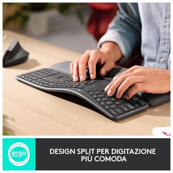 Logitech ERGO K860 Tastiera Split Wireless Ergonomica con Supporto per i Polsi Layout Italiano QWERTY Grigio