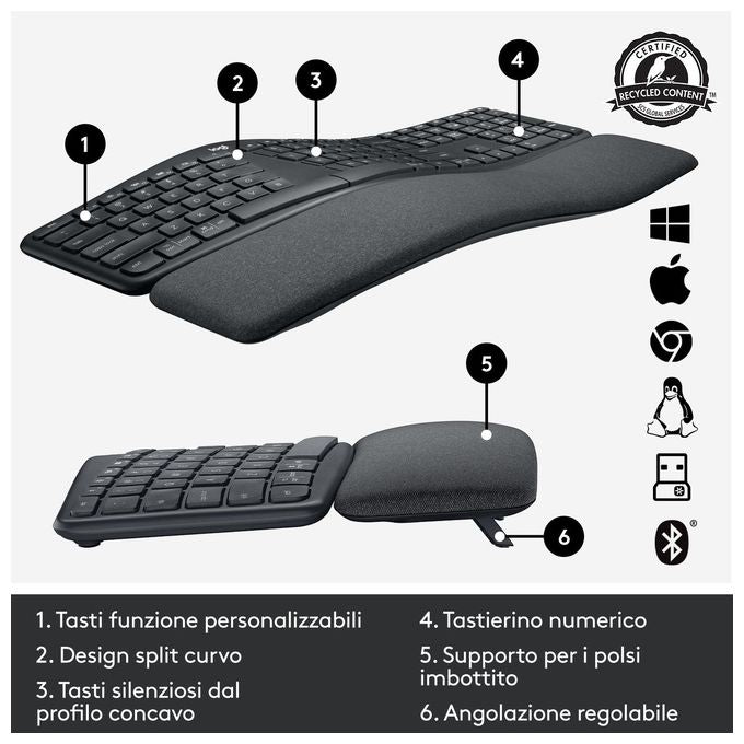 Logitech ERGO K860 Tastiera Split Wireless Ergonomica con Supporto per i Polsi Layout Italiano QWERTY Grigio