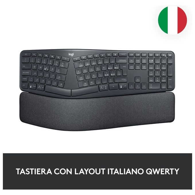 Logitech ERGO K860 Tastiera Split Wireless Ergonomica con Supporto per i Polsi Layout Italiano QWERTY Grigio