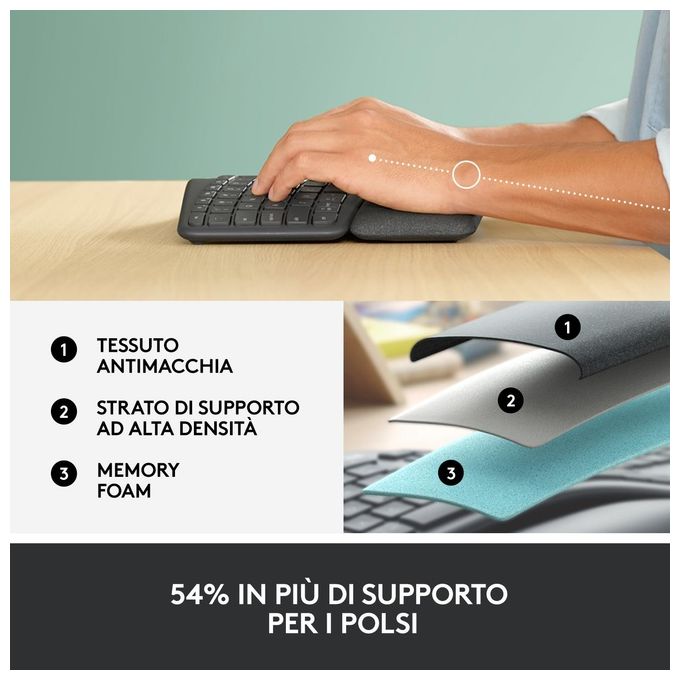 Logitech ERGO K860 Tastiera Split Wireless Ergonomica con Supporto per i Polsi Layout Italiano QWERTY Grigio