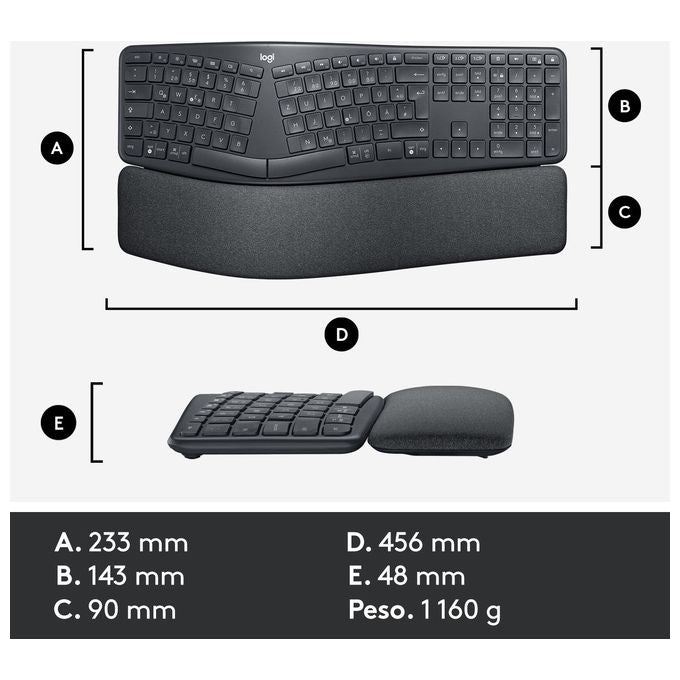 Logitech ERGO K860 Tastiera Split Wireless Ergonomica con Supporto per i Polsi Layout Italiano QWERTY Grigio