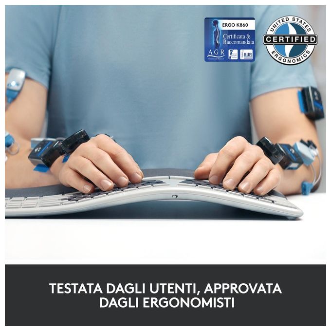 Logitech ERGO K860 Tastiera Split Wireless Ergonomica con Supporto per i Polsi Layout Italiano QWERTY Grigio