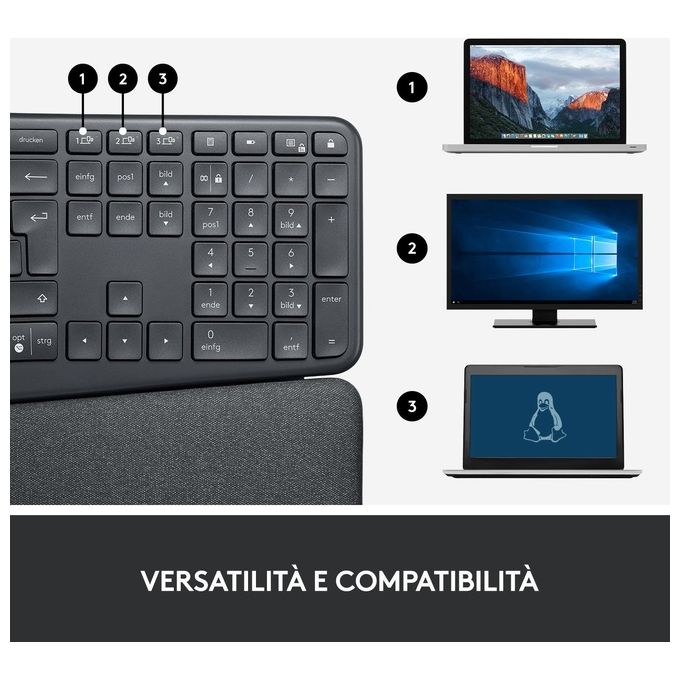 Logitech ERGO K860 Tastiera Split Wireless Ergonomica con Supporto per i Polsi Layout Italiano QWERTY Grigio