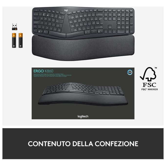 Logitech ERGO K860 Tastiera Split Wireless Ergonomica con Supporto per i Polsi Layout Italiano QWERTY Grigio