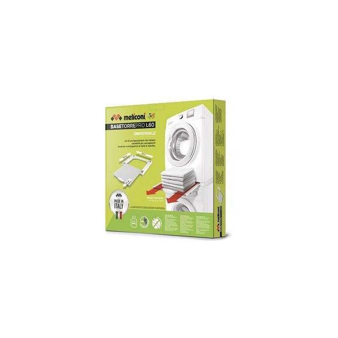 Meliconi Torre Pro L60 - Kit di sovrapposizione per lavatrice e asciugatrice, 60 x 55 cm, ripiano estraibile da 41 cm, portata max 250 kg, cinghia di sicurezza inclusa, Bianco