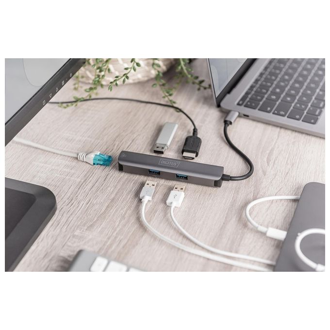 Digitus DA70892 Docking Station Usb-C 5 Porte con Hdmi Rj45 e 3 Porte Usb 3.0