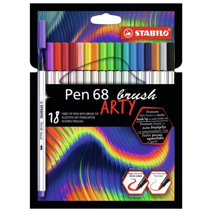 Pennarello Premium con punta a pennello per linee spesse e sottili - STABILO Pen 68 brush - ARTY - Astuccio da 18 - Colori assortiti