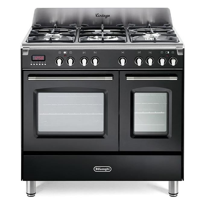 De Longhi MEM 965T NX ED Linea MasterCook Cucina a Gas Libera Installazione Doppio Forno elettrico 5 Fuochi Griglie in Ghisa Classe energetica A-B Bruciatore Tripla Corona Programmatore Elettronico 8 Funzioni 90 cm Nero Brillante