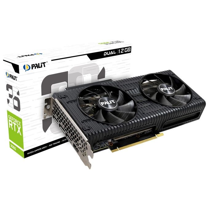Palit GeForce RTX 3060 Dual 12GB GDDR6 scheda grafica 3584 Core 1320 MHz GPU 1777 MHz Boost Architettura Ampere 3 x DisplayPort HDMI Dual Fan con tecnologia 0-dB