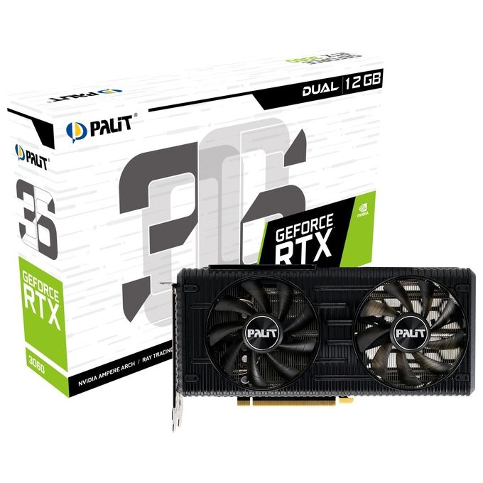 Palit GeForce RTX 3060 Dual 12GB GDDR6 scheda grafica 3584 Core 1320 MHz GPU 1777 MHz Boost Architettura Ampere 3 x DisplayPort HDMI Dual Fan con tecnologia 0-dB