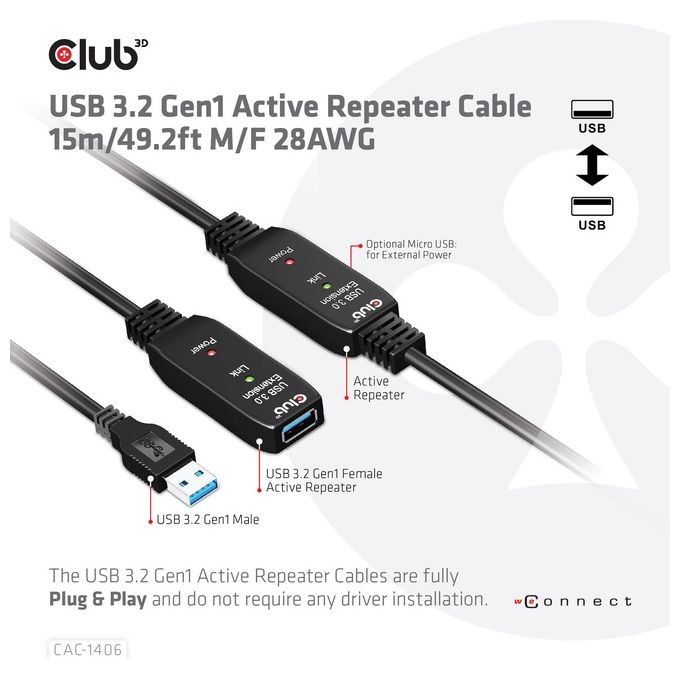 Club3d CAC-1406 Cavo USB 15mt USB 3.2 Gen 1 USB A Nero
