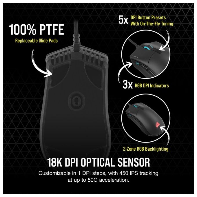 Corsair SABRE RGB PRO CHAMPION SERIES Mouse Gaming Ottico 18000DPI 6 Tasti Usb