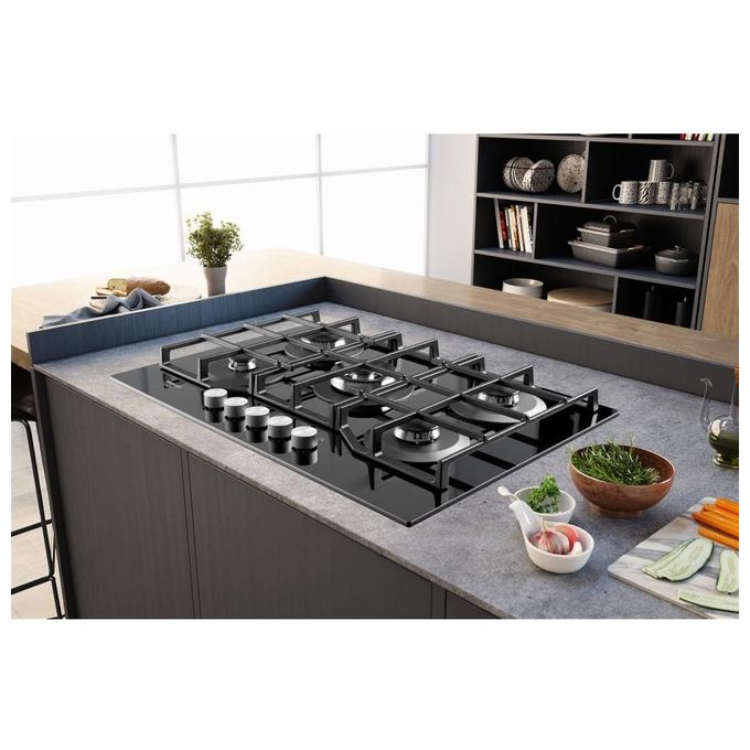 Hotpoint HAGS 72F-BK Serie Cristallo Nero Piano Cottura a Gas 5 Zone 1 Doppia Corona MyMenu Flame Control Griglie in ghisa 73 cm Nero