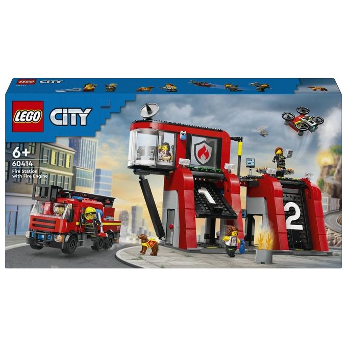 LEGO City 60414 Caserma dei Pompieri e Autopompa con Camion Giocattolo, 6 Minifigure, Cane e Accessori, Gioco per Bambini 6+