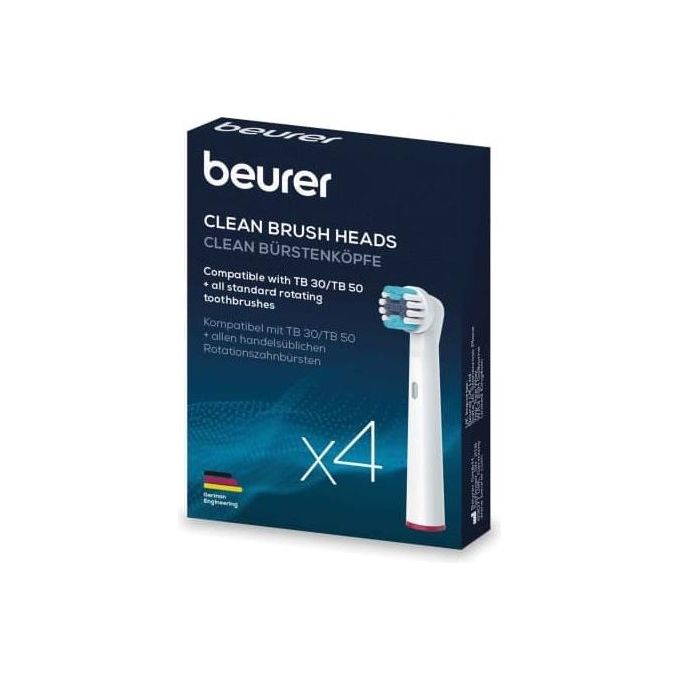 Beurer 10156 Clean - Kit 4 testine di ricambio Standard per spazzolini oscillanti-rotanti, compatibili con TB 30-TB 50, setole medie, cappucci protettivi, anelli colorati, Bianco