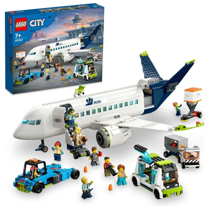 LEGO City 60367 Aereo Passeggeri, Modellino di Aeroplano Giocattolo da Costruire con 9 Minifigure e Veicoli dell'Aeroporto