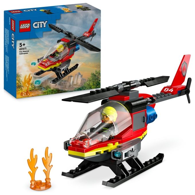 LEGO City 60411 Elicottero dei Pompieri, Veicolo Giocattolo con 2 Elementi Lancia-Acqua e Minifigure, Giochi per Bambini 5+