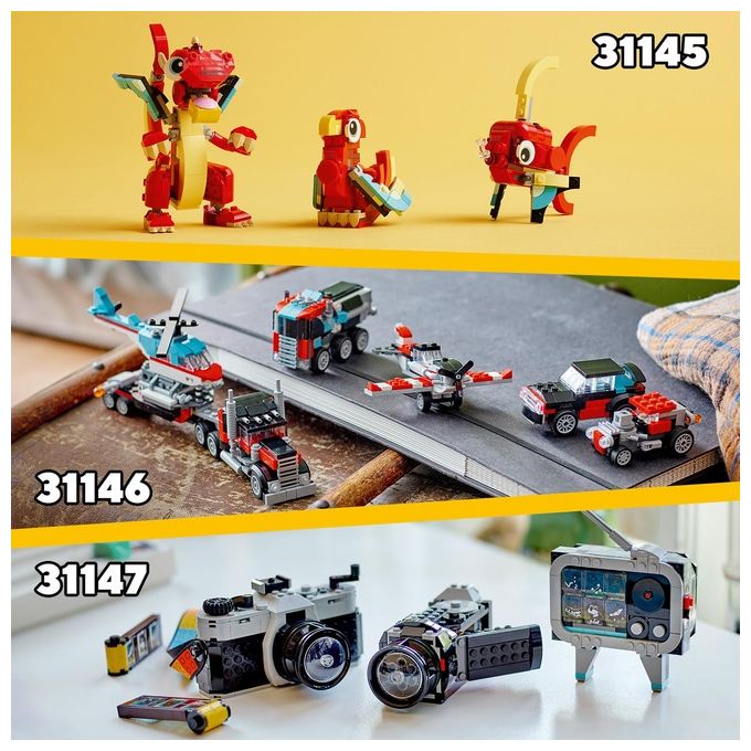 LEGO Creator 31146 3in1 Autocarro con Elicottero, Giochi per Bambini 7+ Anni Ricostruibile in Aereo e Cisterna o Auto e SUV