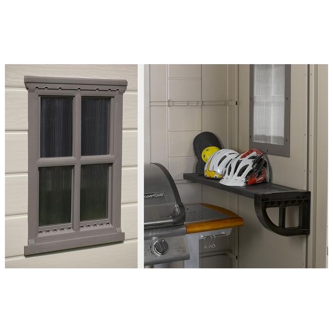 Keter K209871 Factor Casetta da Giardino in Resina 256.5x182x243 cm Pavimento Incluso 2 Mensole colore Beige