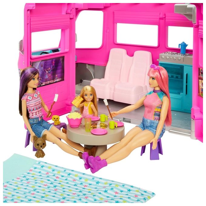 Barbie Camper dei Sogni - Veicolo con Scivolo e Piscina 2 Cuccioli 7 Aree Gioco Alto 76 cm