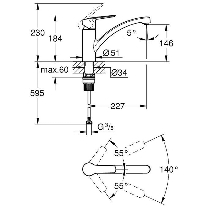 Grohe 32441002 Start New Miscelatore monocomando per lavello a bocca girevole 140° Limitatore di flusso regolabile QuickFix Cromato