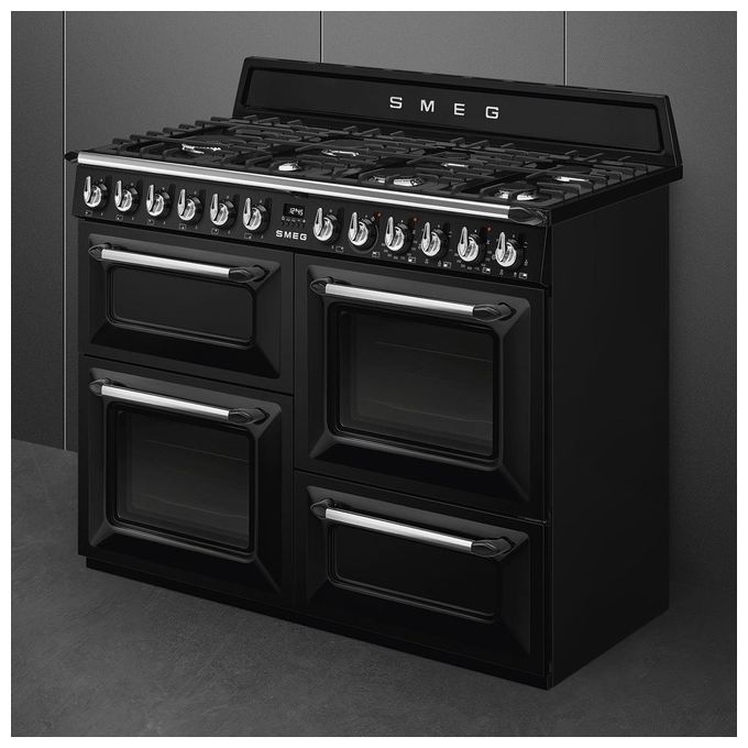 Smeg TR4110BL1 Cucina a Gas con Forno Elettrico Multifunzione Termoventilato + Ventilato Estetica Victoria 7 Fuochi Griglie in Ghisa Classe energetica A Vapor Clean 110x60 cm Nero